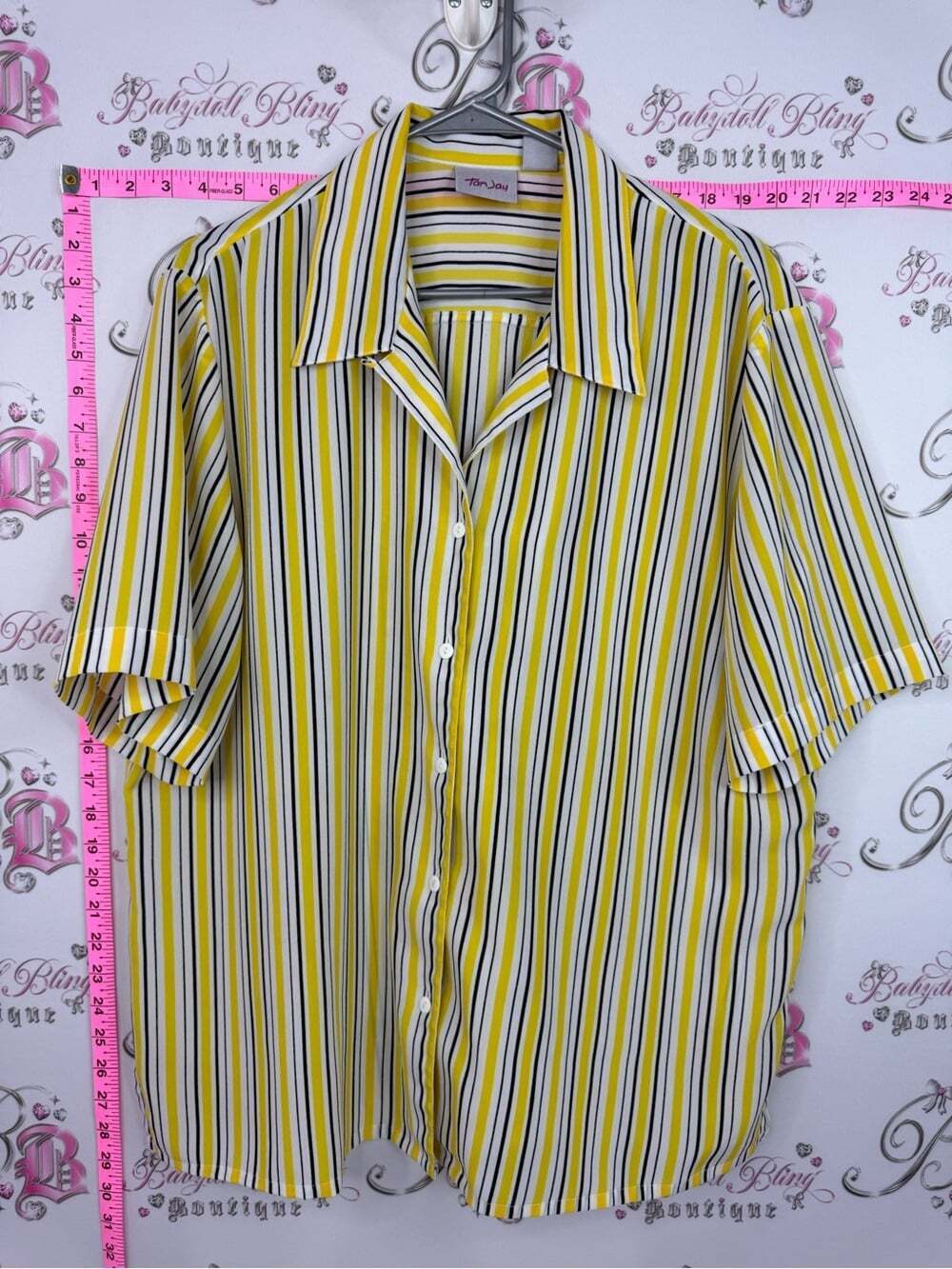TanJay tshirt Yellow, Black & White Vertical Stripe Short Sleeve Button-Up Shirt